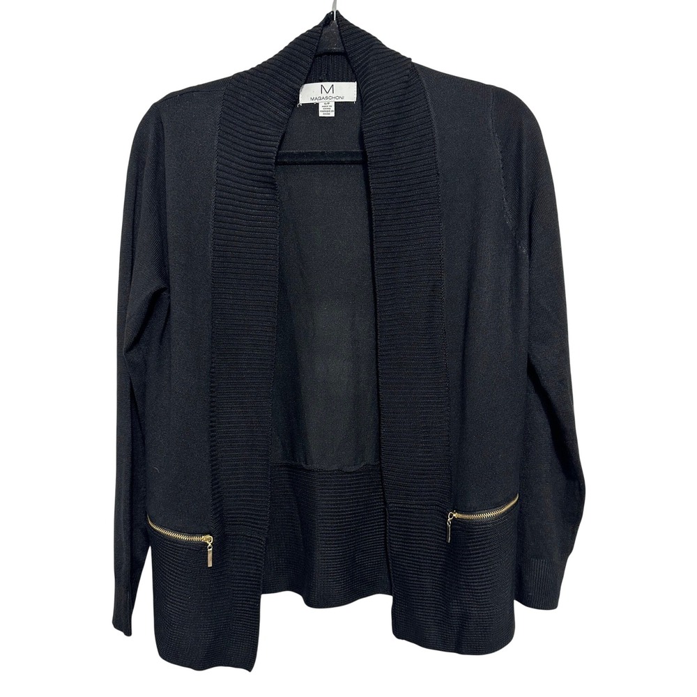 Magaschoni Cardigan Women Small Black Ribbed Shawl Collar Gold Zipper Accent